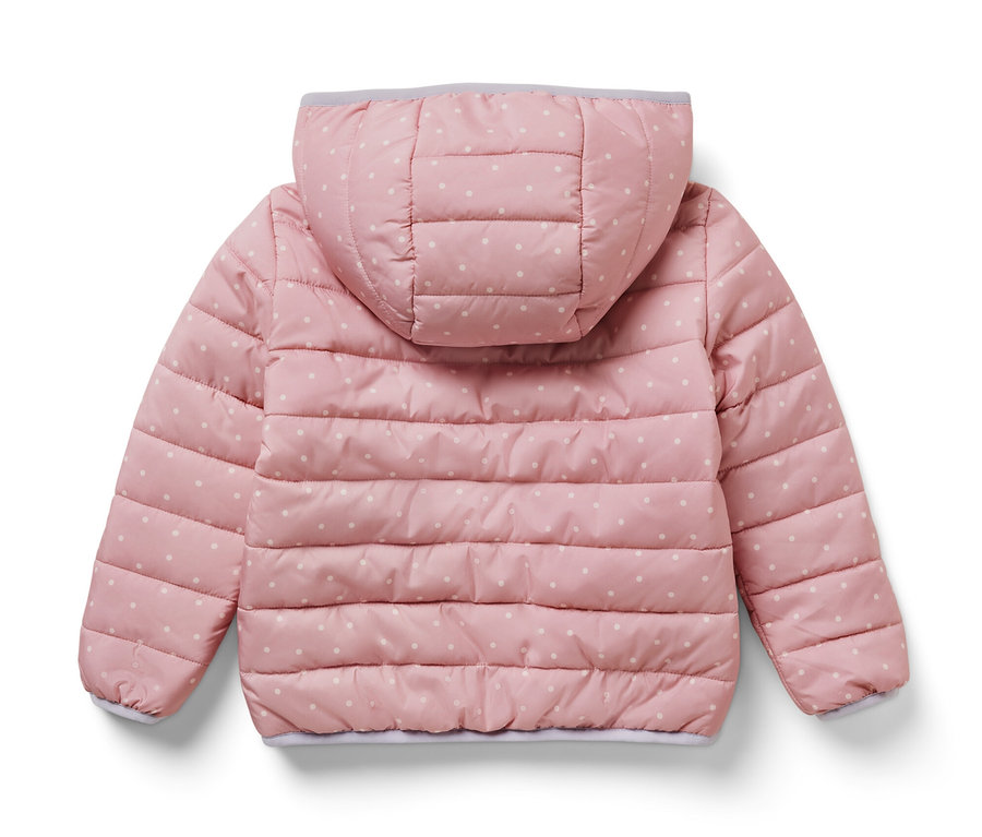 Veste matelassée rose pâle pour enfant avec des pois blancs et une capuche vue de dos.