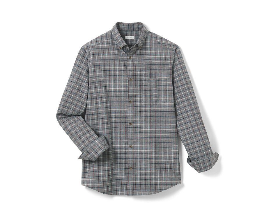 Chemise en flanelle grise à manches longues.