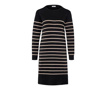 Robe en maille fine rayée noir et beige.