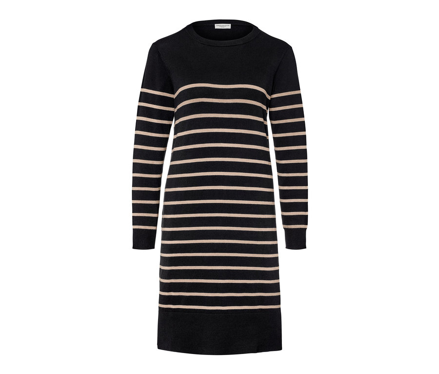 Robe en maille fine rayée noir et beige.