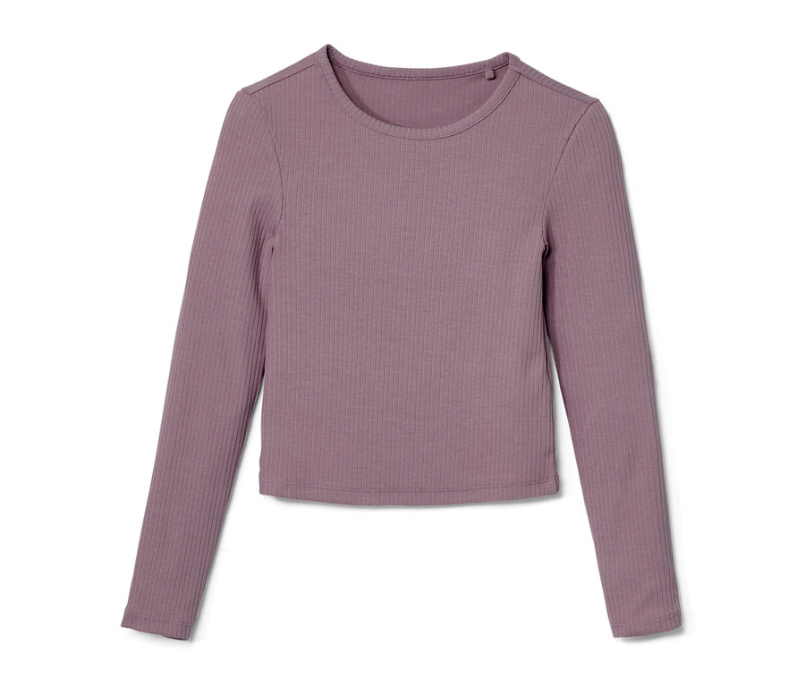 T-shirt à manches longues violet pour enfant avec structure côtelée sur fond blanc.