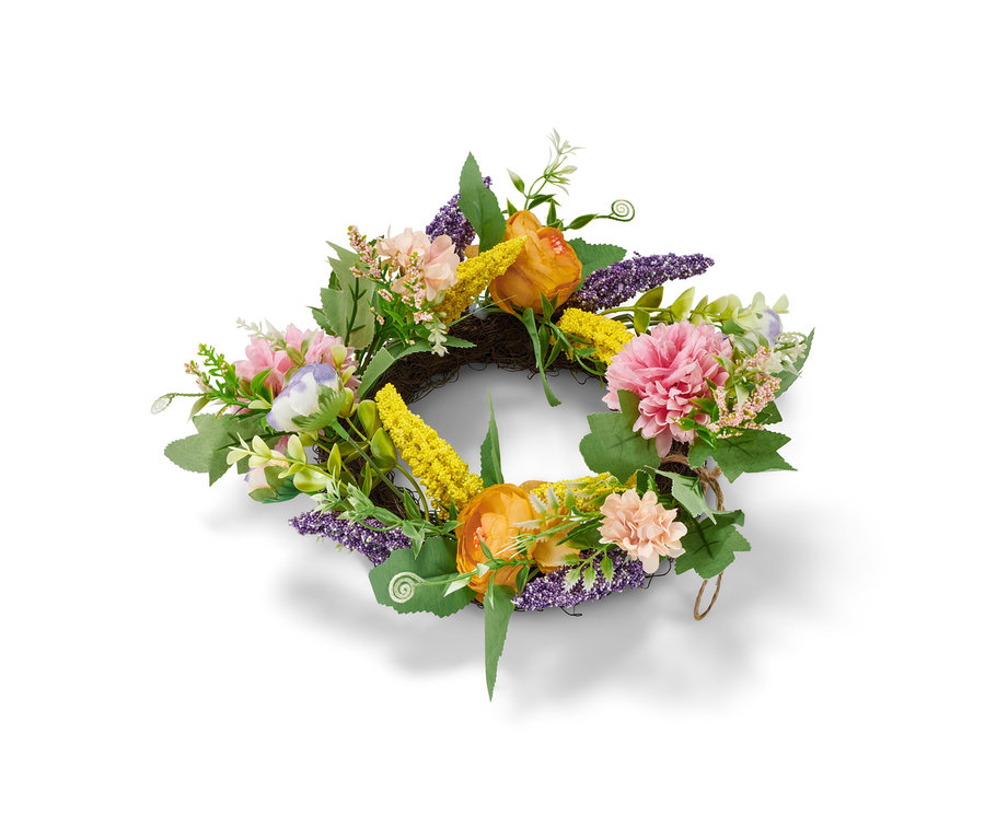 Couronne décorative avec des fleurs roses, jaunes et violettes.