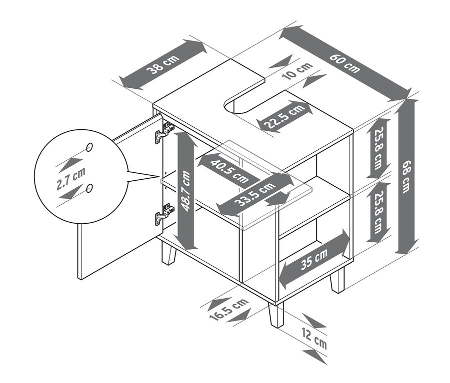 Schéma d'un meuble sous-vasque avec porte et espace latéral, dimensions incluses.