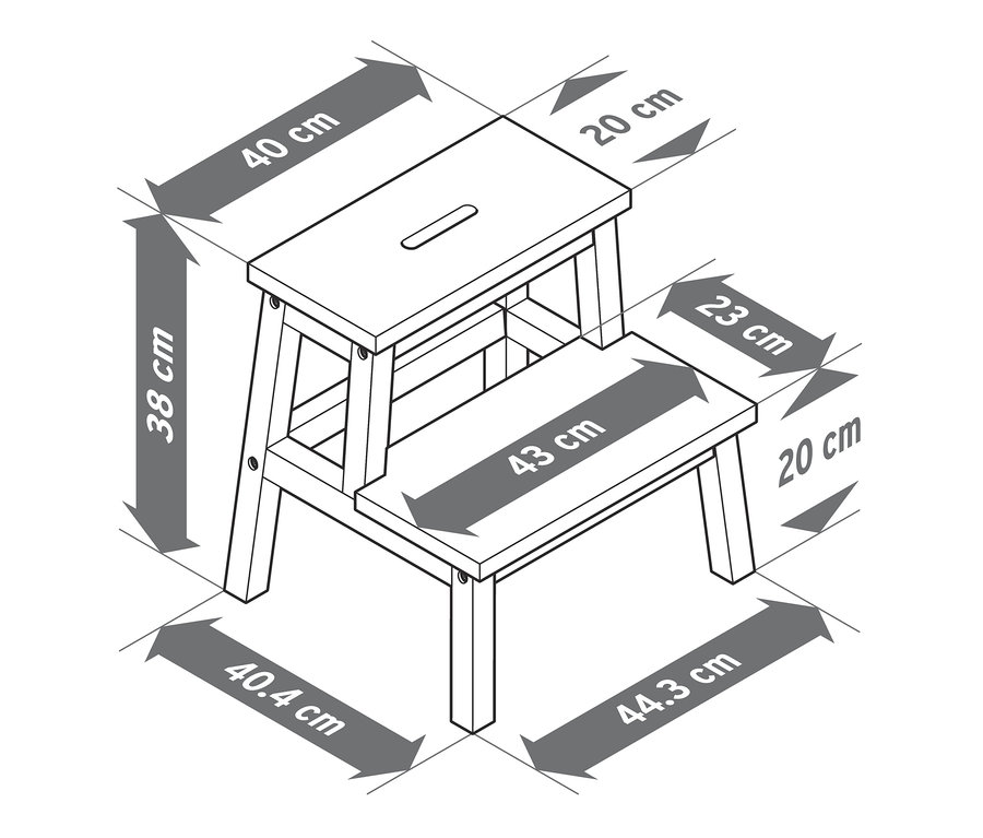 Schéma d'un tabouret à 2 marches avec dimensions indiquées.