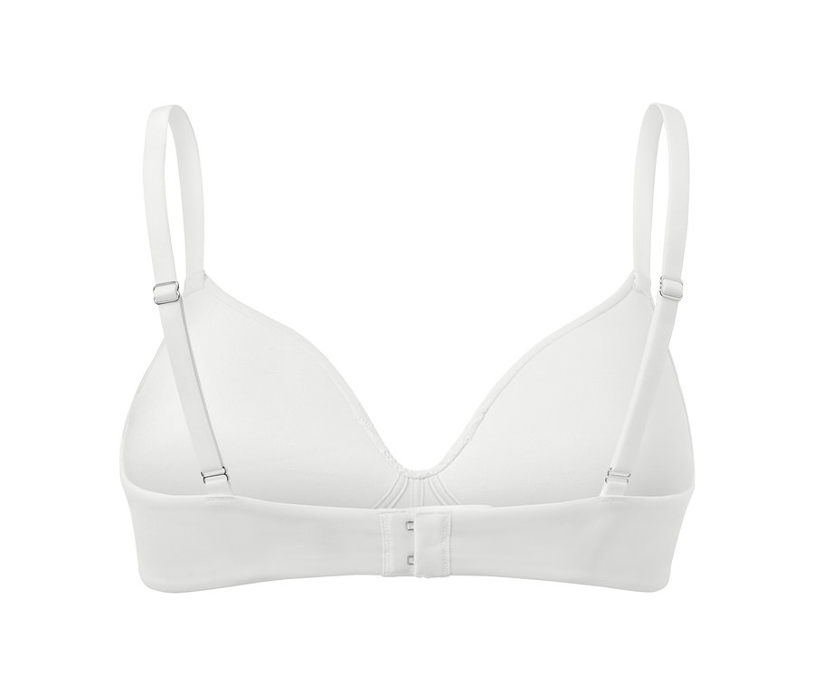 Vue détaillée de l'arrière d'un soutien-gorge à coques souples blanc.