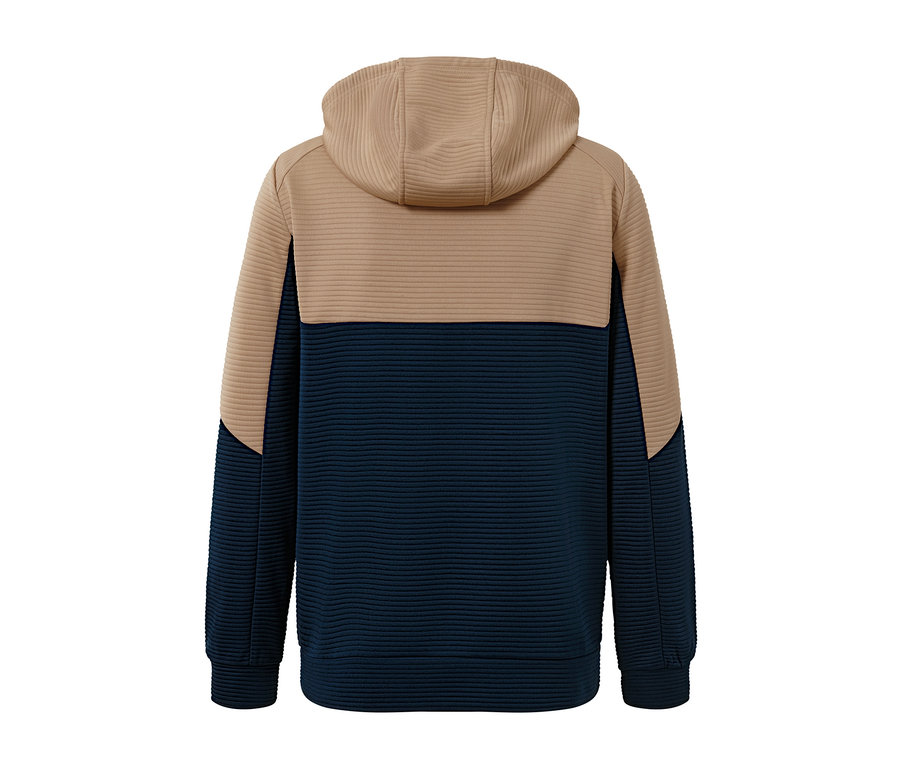 Vue arrière d'une veste fonctionnelle à capuche beige et bleu marine.