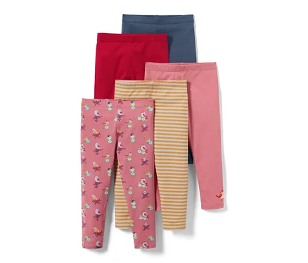Cinq leggings pour enfant avec motif intégral.