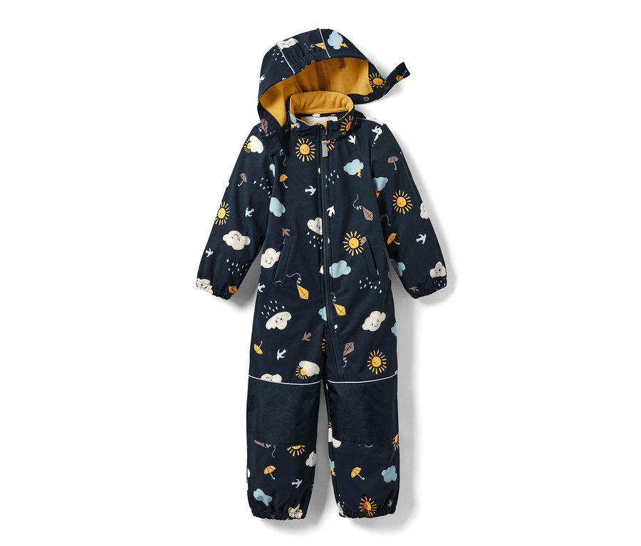 Combinaison softshell bleue pour enfant avec imprimé intégral.
