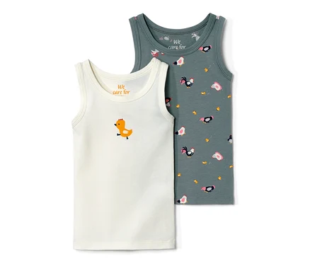 Deux maillots de corps pour tout-petits avec un imprimé de ferme, un blanc avec un poussin et un gris avec des poules.