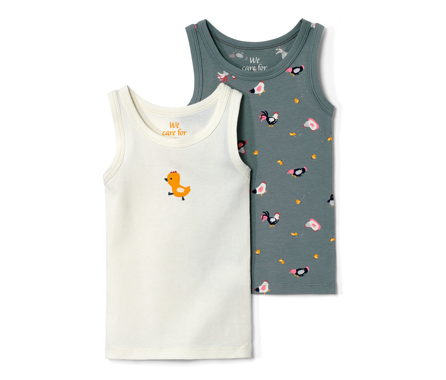 Deux maillots de corps pour tout-petits avec un imprimé de ferme, un blanc avec un poussin et un gris avec des poules.