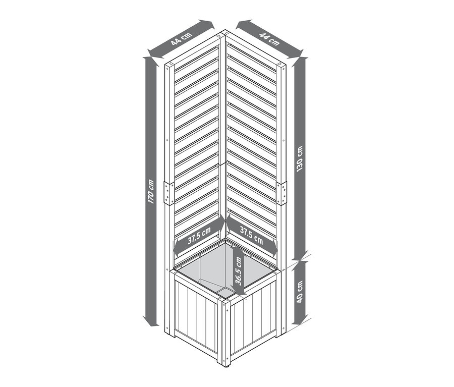 Illustration d'un module de bac à plantes à protection visuelle « Elin » avec dimensions.