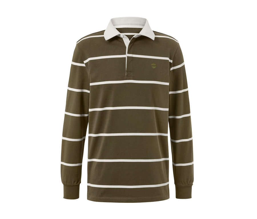 Le polo à manches longues est de couleur olive avec des rayures horizontales blanches.
