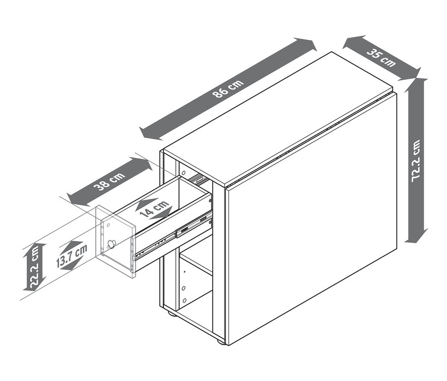 Schéma d'une armoire avec un tiroir ouvert et des dimensions mises en évidence.