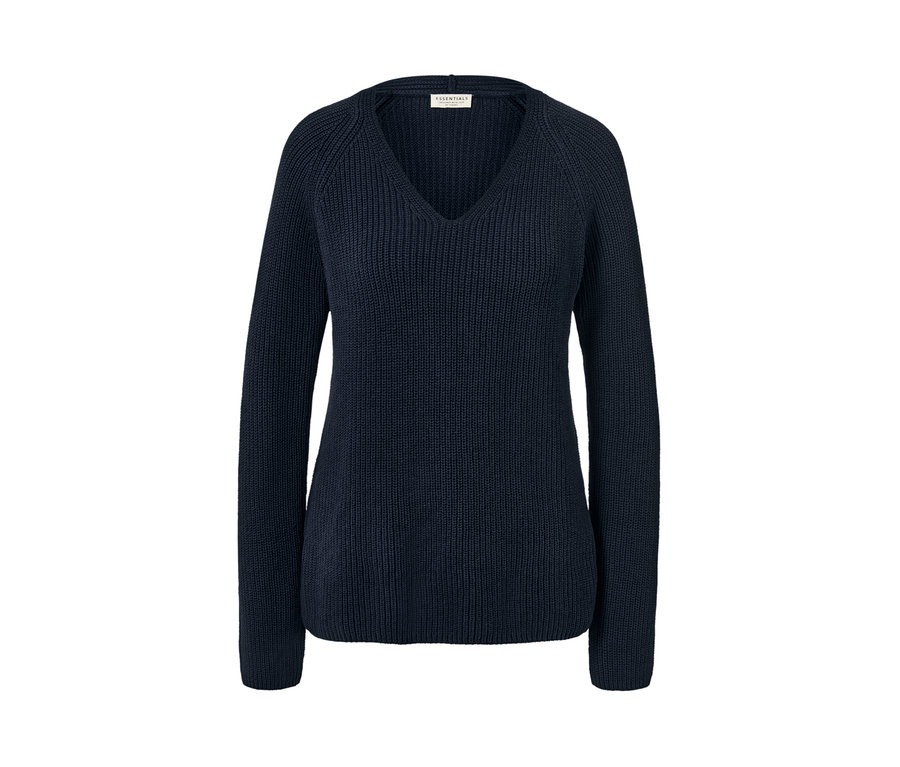 Pull en maille bleu marine à col en V.