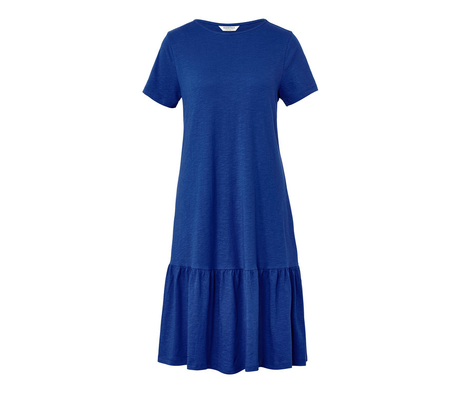 Robe en jersey bleu cobalt à volants.