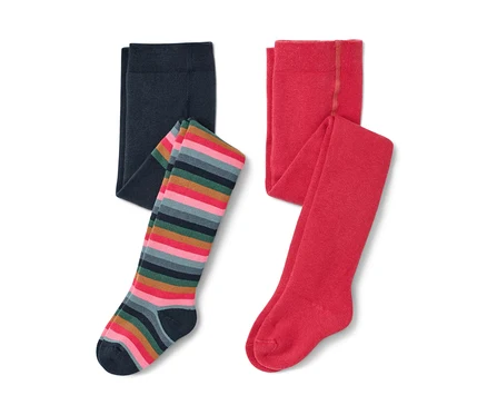 Deux collants thermiques pour tout-petit : un bleu marine et un rayé.