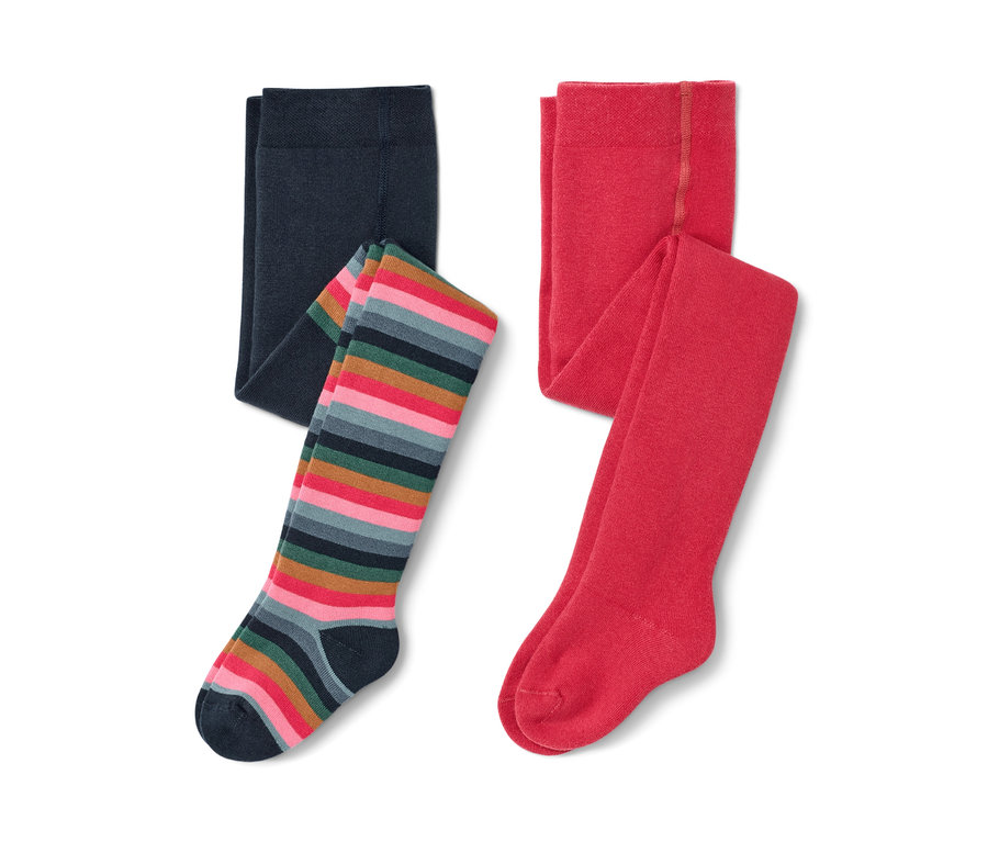 Deux collants thermiques pour tout-petit : un bleu marine et un rayé.