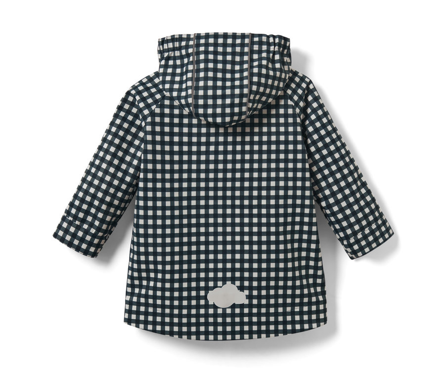 Imperméable pour tout petit à carreaux noirs et blancs avec capuche.