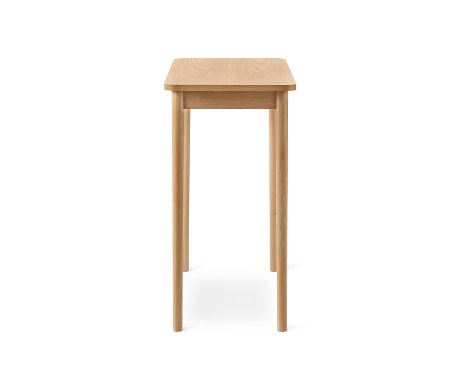 Table console en bois clair avec quatre pieds.