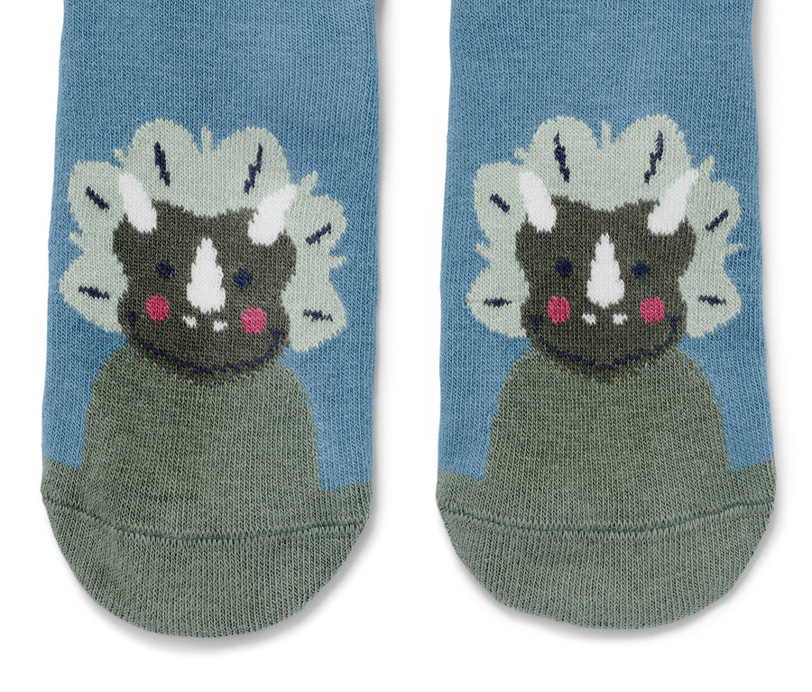 Gros plan de chaussettes bleues avec un dinosaure de dessin animé ; 5 paires de chaussettes, bleu
