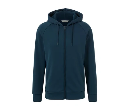 Une veste technique à capuche bleu marine avec une fermeture éclair au centre.