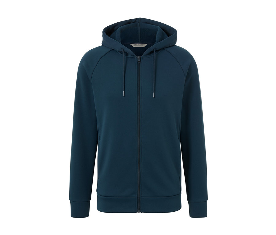 Une veste technique à capuche bleu marine avec une fermeture éclair au centre.