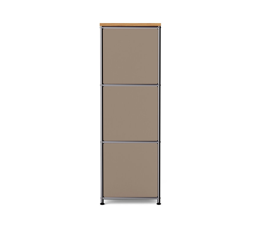 Commode étroite en métal « CN3 » avec plateau en bois et 2 abattants, taupe.