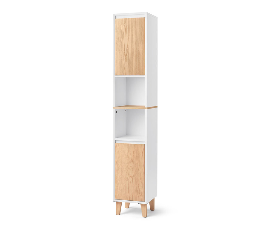 Une armoire haute de salle de bain blanche avec un espace ouvert et 2 portes, les portes supérieures et inférieures sont en bois.