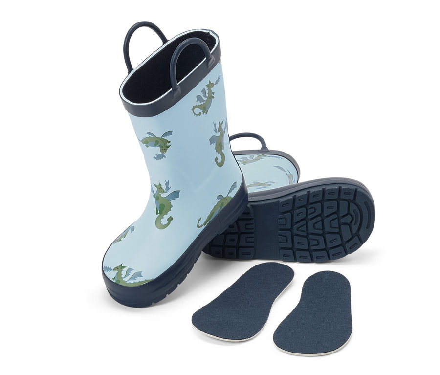 Bottes de pluie bleues pour enfants avec motif dragon et semelles intérieures amovibles.