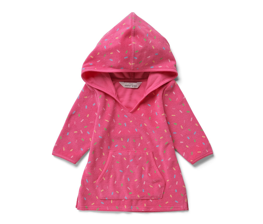 Poncho en tissu éponge pour enfant, rose, avec capuche et poche sur le devant.