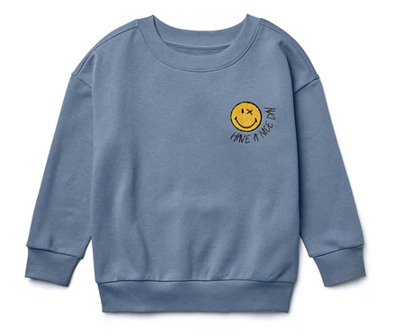 Un sweat-shirt bleu à col rond avec un smiley jaune et l'inscription "Have a nice day".