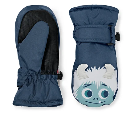 Deux moufles bleues pour enfants avec un visage de dessin animé.