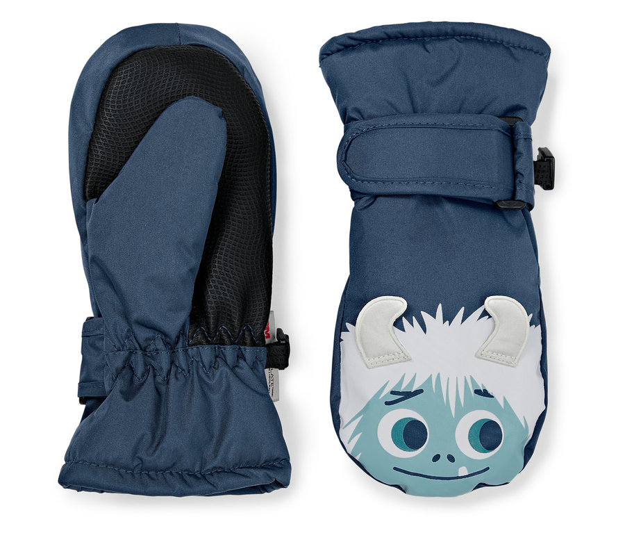 Deux moufles bleues pour enfants avec un visage de dessin animé.