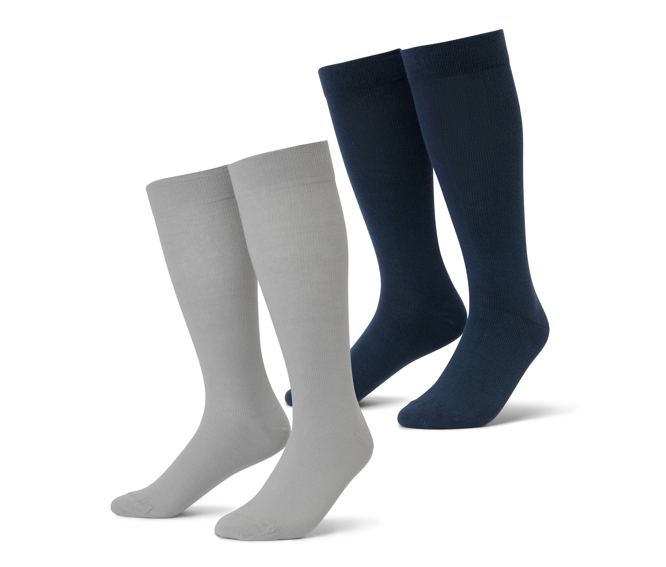 Deux paires de bas de compression de voyage en gris et bleu marine.