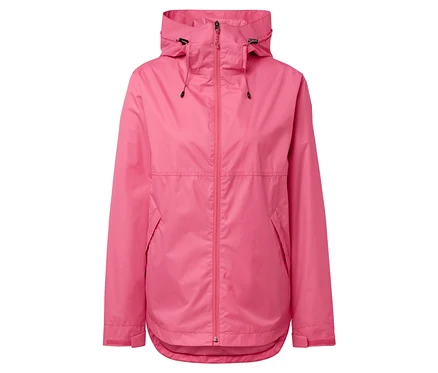 Veste rose avec capuche et fermeture éclair au centre.