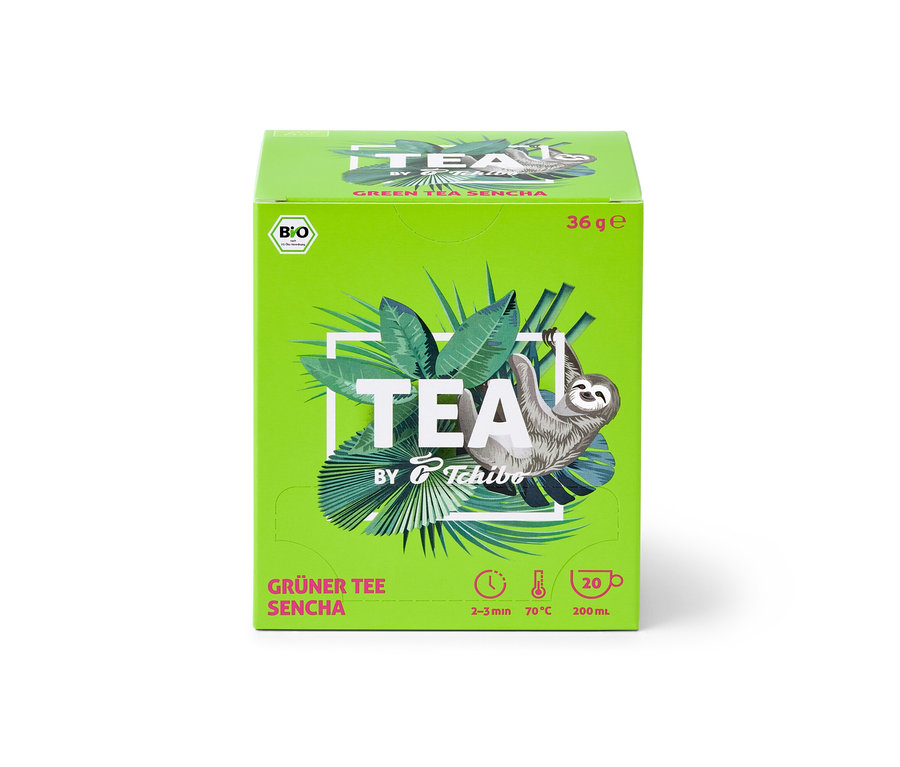 Paquet de thé vert BIO TEA by Tchibo Sencha 8x20x1,8g avec un paresseux.