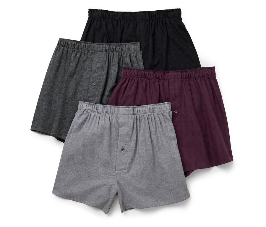 Quatre boxers pour hommes de différentes couleurs : gris clair, gris foncé, bordeaux et noir.