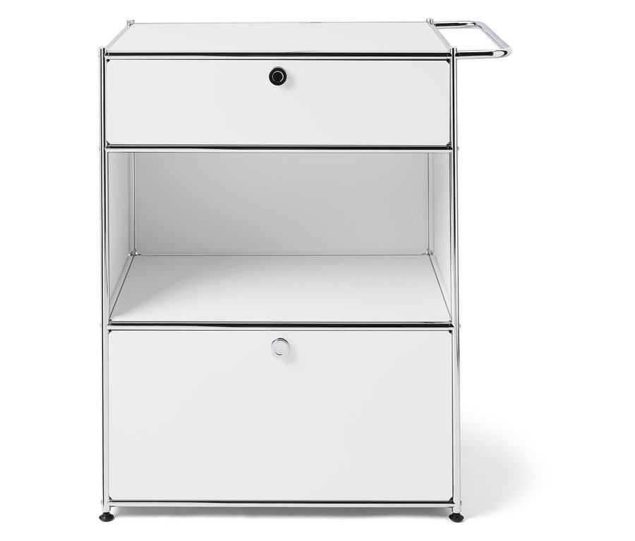 Système de rangement modulaire blanc avec deux tiroirs et une étagère ouverte.