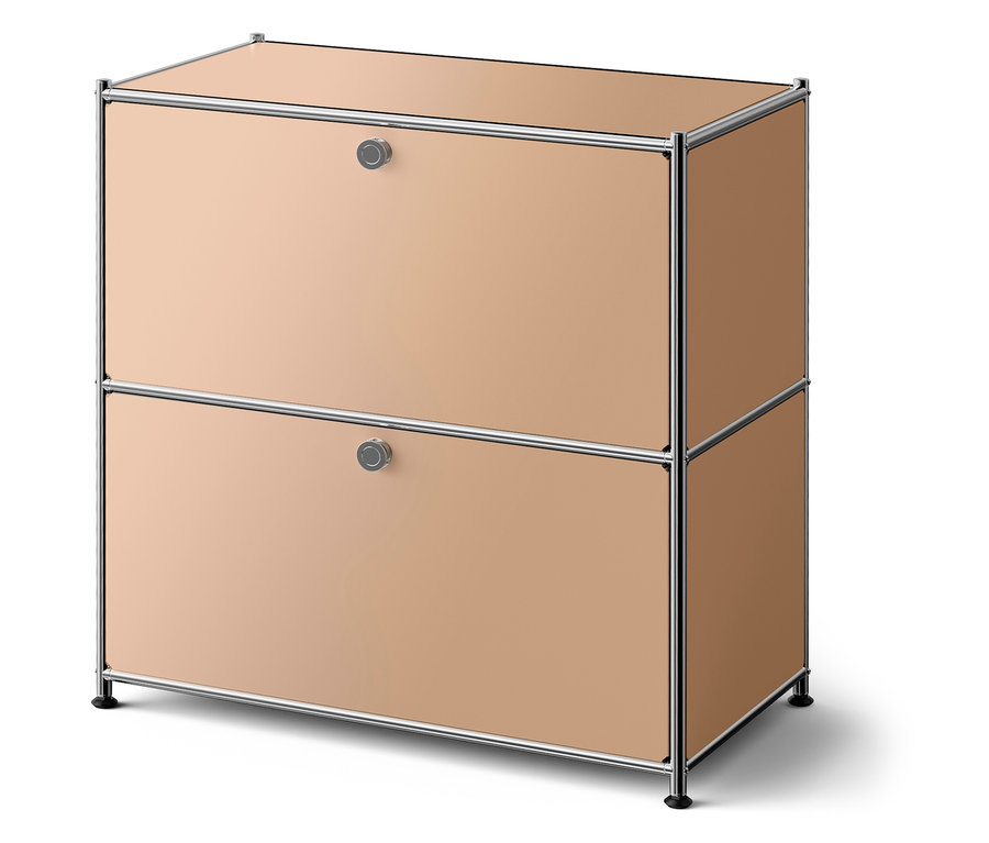 Meuble de rangement beige avec deux tiroirs et un cadre argenté.