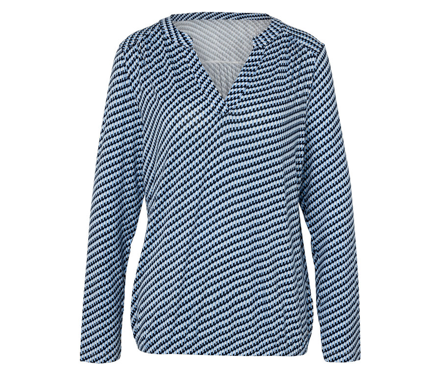 Haut rayé bleu et blanc à manches longues avec encolure en V.