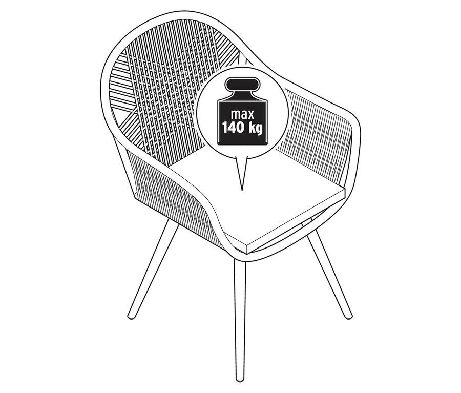 Illustration en noir et blanc d'un fauteuil de salon pivotant avec tressage textile et un poids maximum de 140 kg.