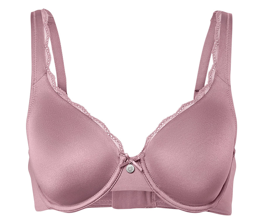 Gros plan d'un soutien-gorge mauve clair avec de la dentelle.