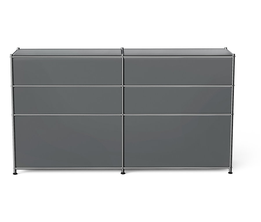 Armoire grise avec six compartiments carrés et cadre argenté.