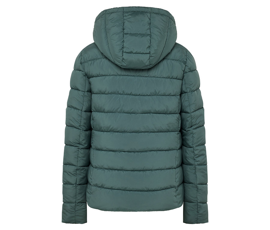 Vue arrière d'une doudoune verte à capuche.