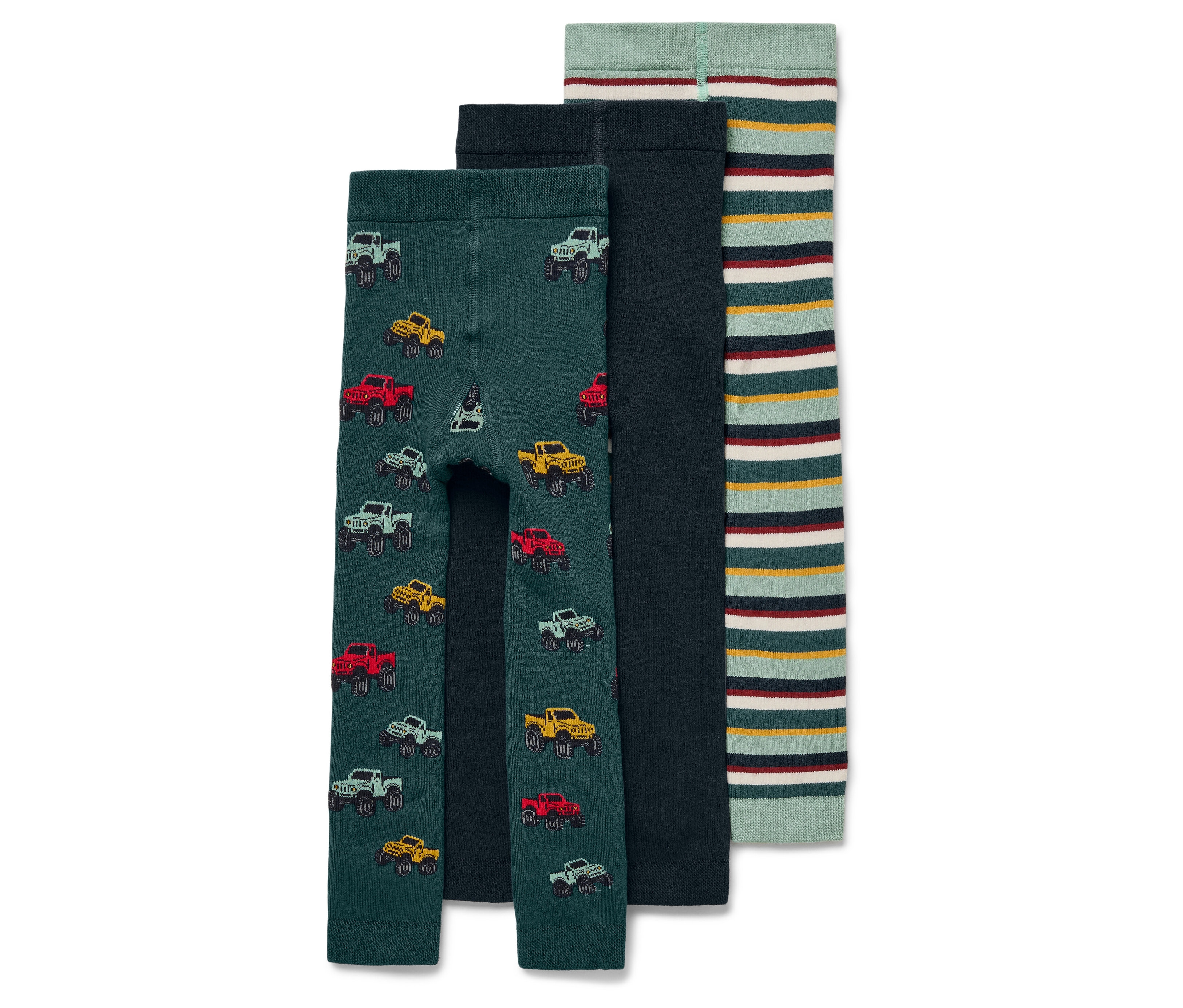 Trois leggings pour enfants : un vert avec des motifs de voitures, un vert foncé et un rayé.