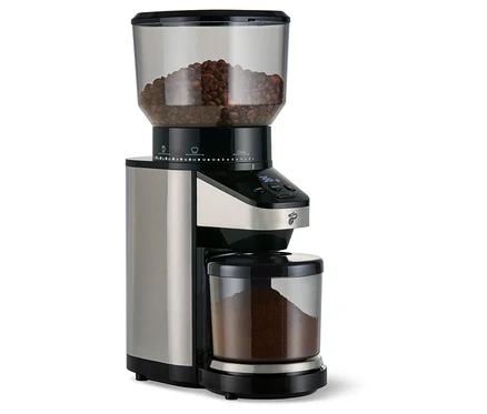 Moulin à café électrique avec balance, doté d'une base en acier inoxydable brossé, d'un réservoir transparent pour les grains et d'un récipient pour le café moulu.