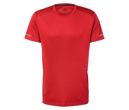Un t-shirt rouge à manches courtes sur fond blanc.