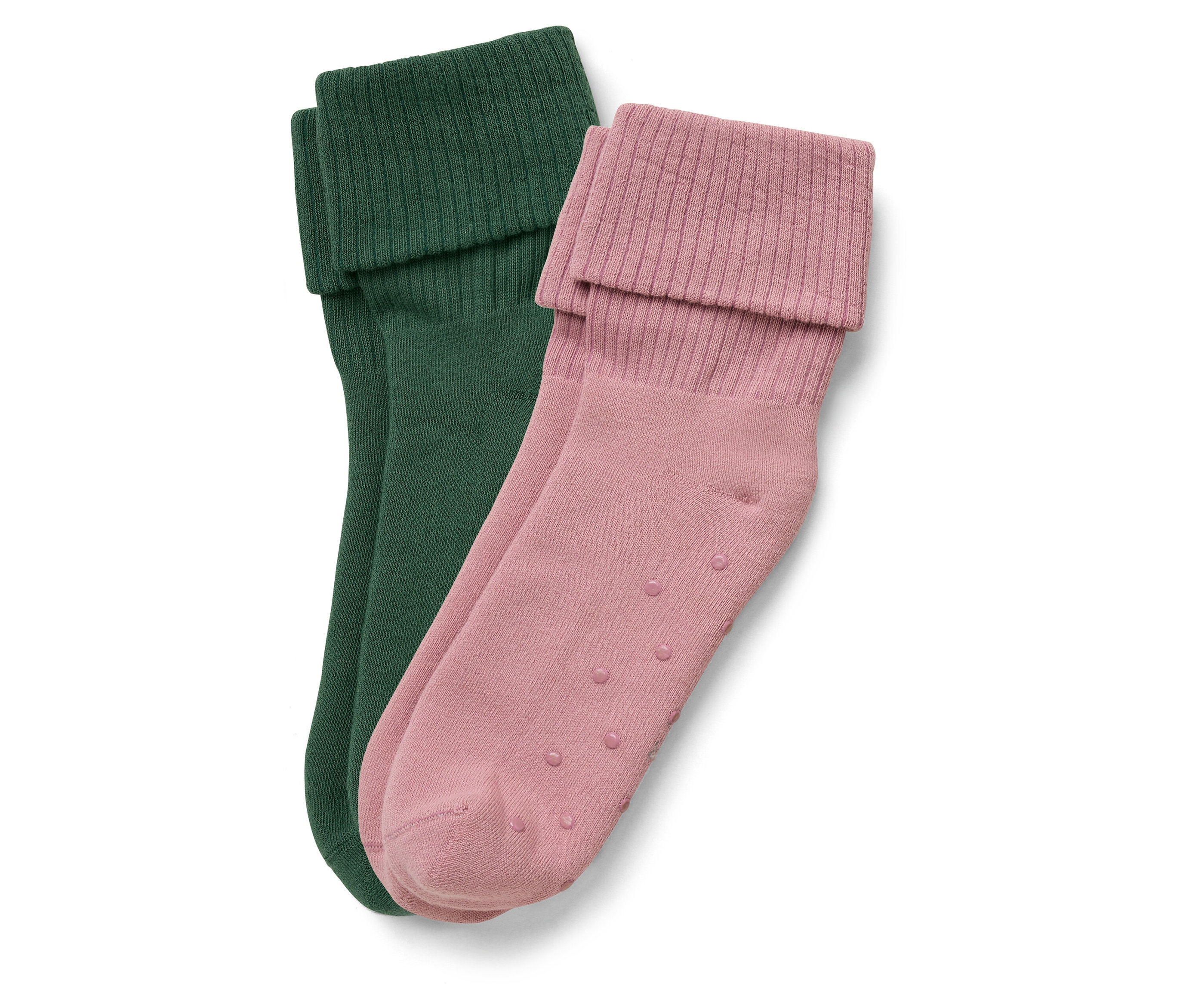 Deux paires de chaussettes : une paire vert foncé et une paire rose.