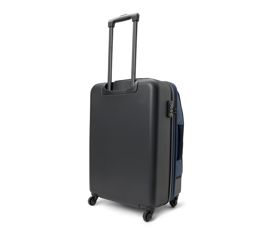 Valise hybride noire de taille moyenne avec une poignée extensible.