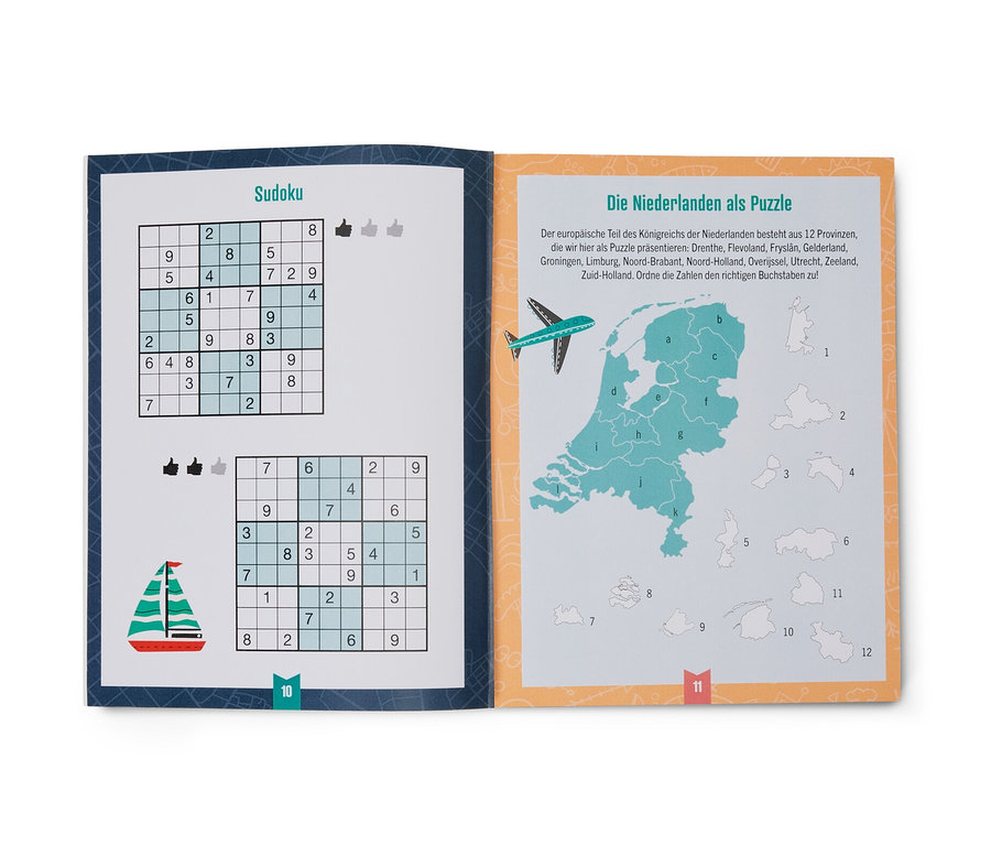 Livre ouvert «
Sonnige Reise Rätsel
» avec des puzzles de sudoku et une carte des Pays-Bas.